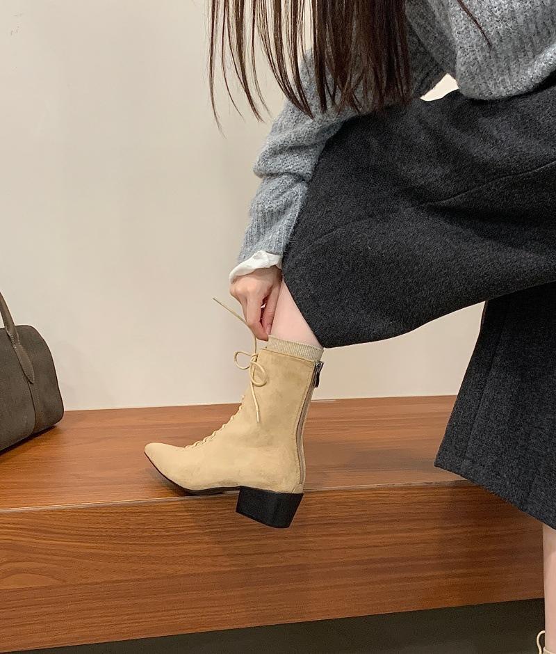 Autumn and Winter New Fashionable Temperament Medium Boots Women's Thick Heel Pointed Leather Strap Punk Style Short Boots