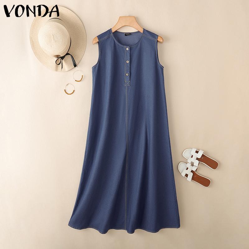 

VONDA Summer Women O Neck Sleeveless Buttons Casual Long Tank Dress 5XL темно-синий