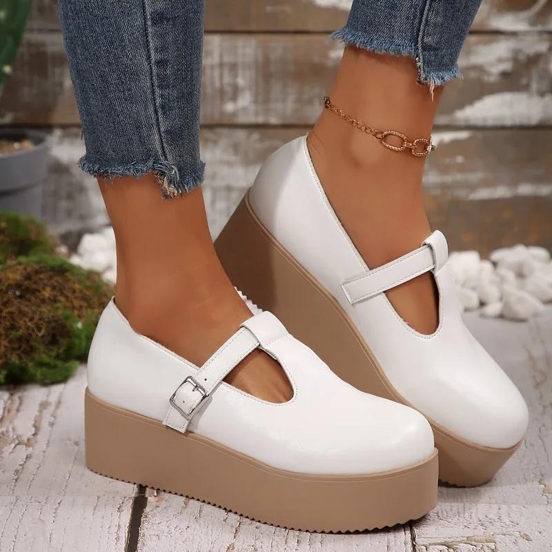 Women's Loafers Platform Sole Wedge Heel One-line Buckle Large Size Shoes Women Leisure Office Roman Zapatillas De Mujer