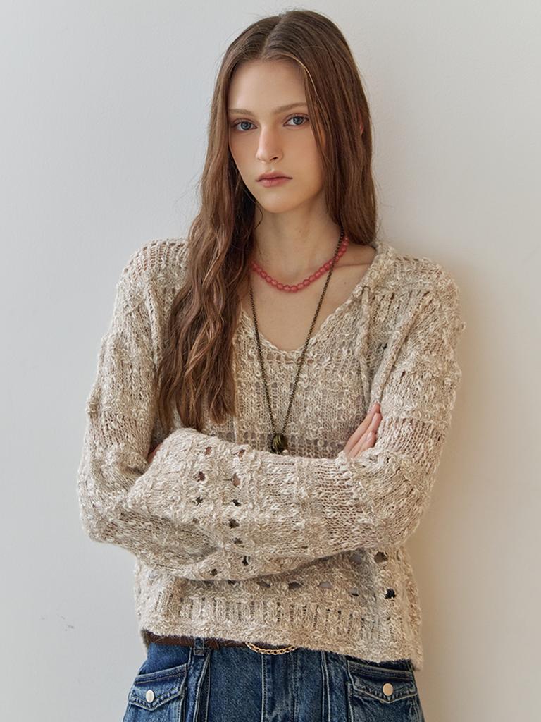 MAXZA Pearl Mix V-Neck Heathered Crochet Crop Knit
