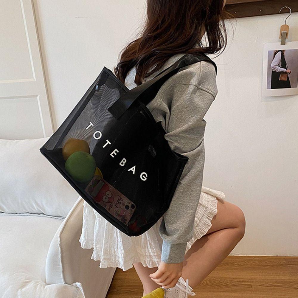 Large Capacity Mesh Tote Bag Zipper Shopping Shoulder Bag Breathable Swimming Handbag  Cosmetic