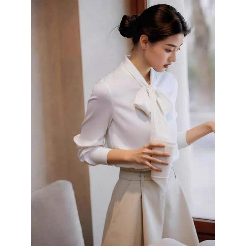 Autumn 2025 French Chic White Ribbon Bow Blouse for Women