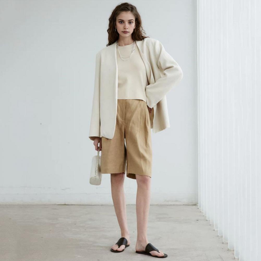 Women Suit Coat Collarless Long Sleeve Open Front Suit Jacket One Tone Relaxed Fit Fit Business Cardigan Office Formal Coat