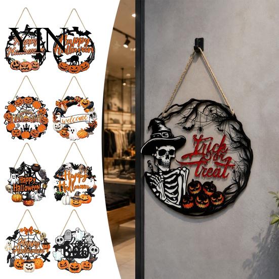 Fall Front Porch Signs Halloween Wooden Wreath Door Hanger Sign, Pumpkin Ghost Black Cat Witch Ornaments Bat Patterns, Hanging Plaque for Farmhouse
