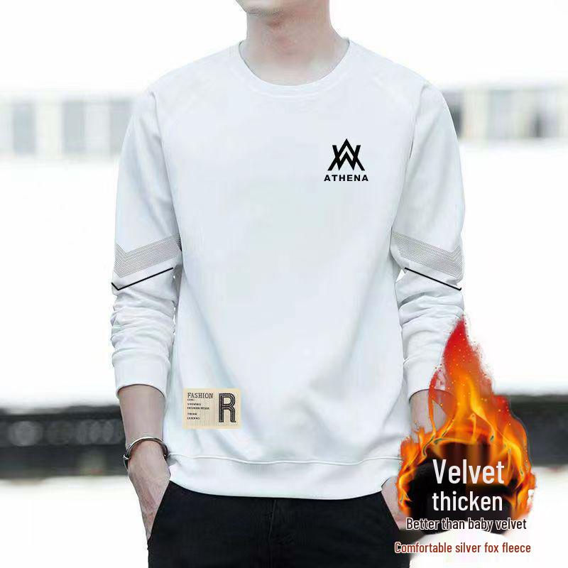 Men's Fleece-Lined Thickened Casual Loose Long Sleeve Warm Base Layer for Autumn and Winter