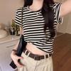 Pink Striped Cotton Front Shoulder Short-sleeved T-shirt for Women In Summer Small T-shirt Short Top