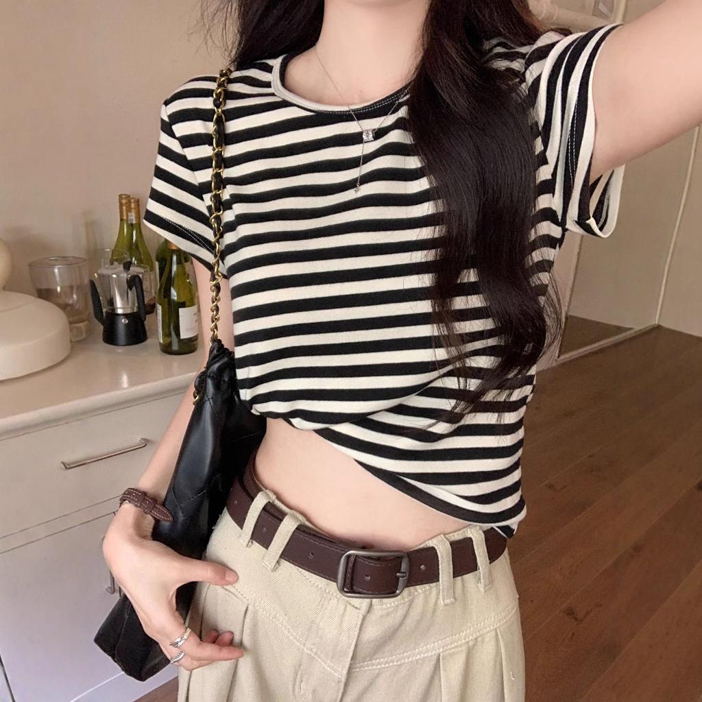 Pink Striped Cotton Front Shoulder Short-sleeved T-shirt for Women In Summer Small T-shirt Short Top