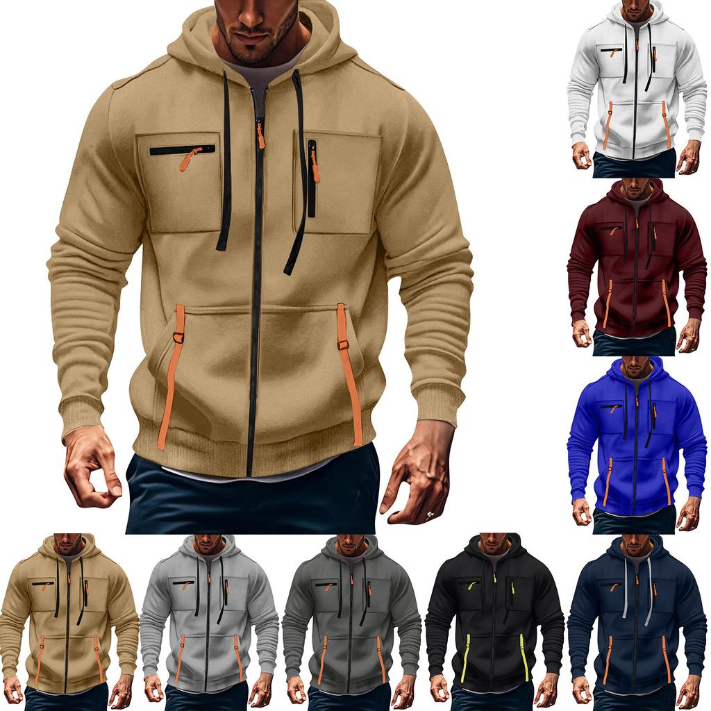Men's Hoodie Sweatshirt Pocket Decoration Men's Full Zip Solid Color Sweatshirt