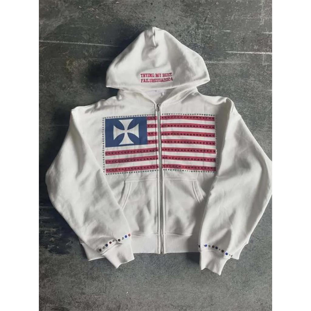 STREETRICH Autunno Nuovo Bandiera Nazionale Design Minimalista Contrasto di Colori Fantasia Felpa con Cappuccio da Uomo Harajuku Y2k Larga con Zip Felpa in Cotone