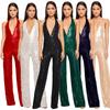 Combinaison Chic de Fête pour Femme à Col en V Profond, Sans Manches, à Sequins et Jambes Larges