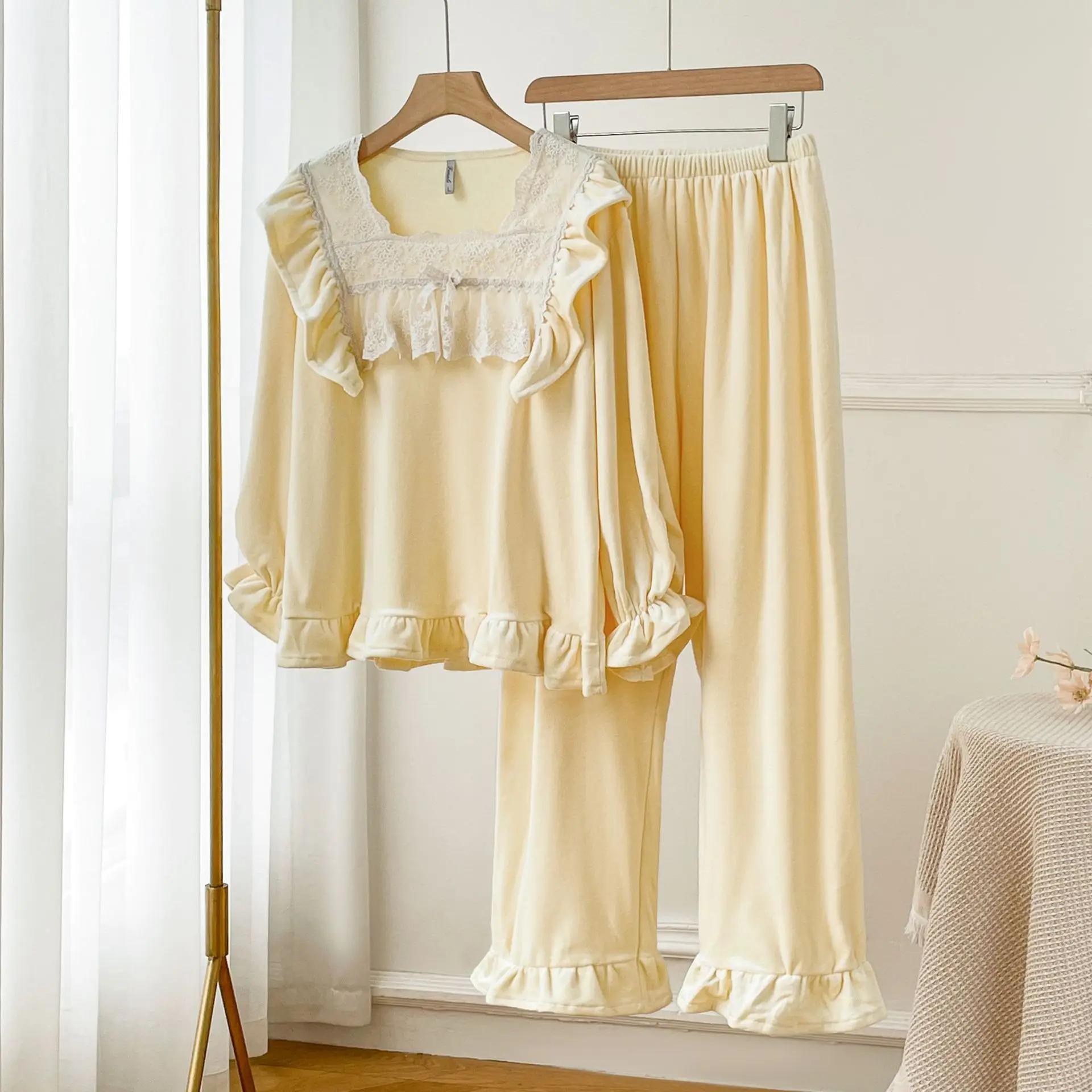 

Милый квадратный вырез 2 шт пижамы комплект свободная повседневная домашняя одежда брюки костюмы сексуальная кружевная пижама осень зима велюровая пижама XL жёлтый