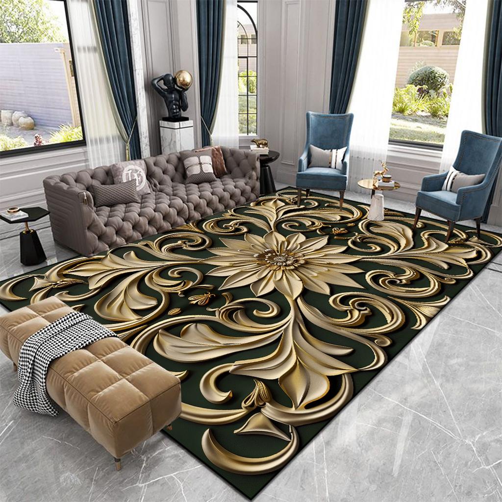 Luxusní velké koberce v evropském stylu pro obývací pokoj Zlatá dekorace Domácí salonek Pohovka Podložka na podlahu Protiskluzové Pratelné koberce do ložnice