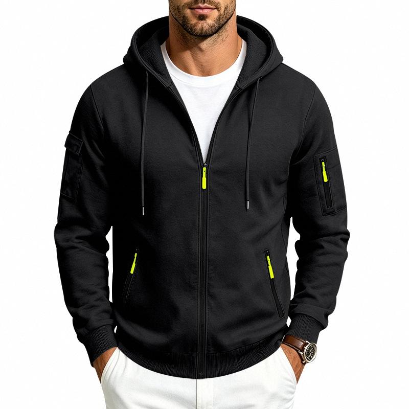 Men's Solid Zip‑Up Hooded Sweatshirt Casual Drawstring Hoodie Jacket Long Sleeve Arm Pocket Sports Outerwear for Male