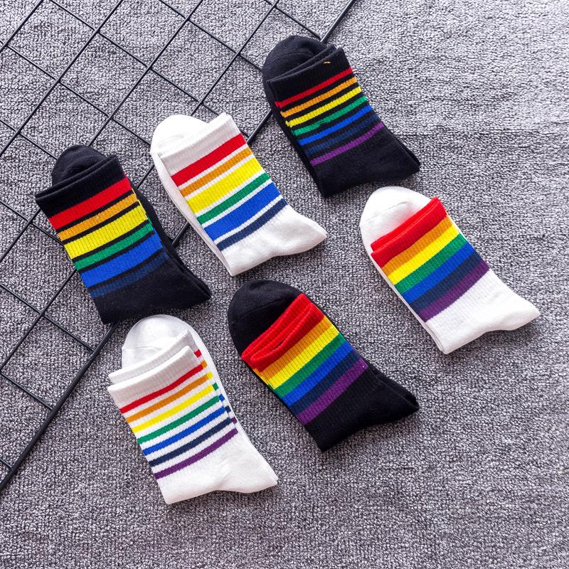 Girls' Japanese & Korean Style Rainbow Striped Mid-Calf Socks - Cute & Trendy