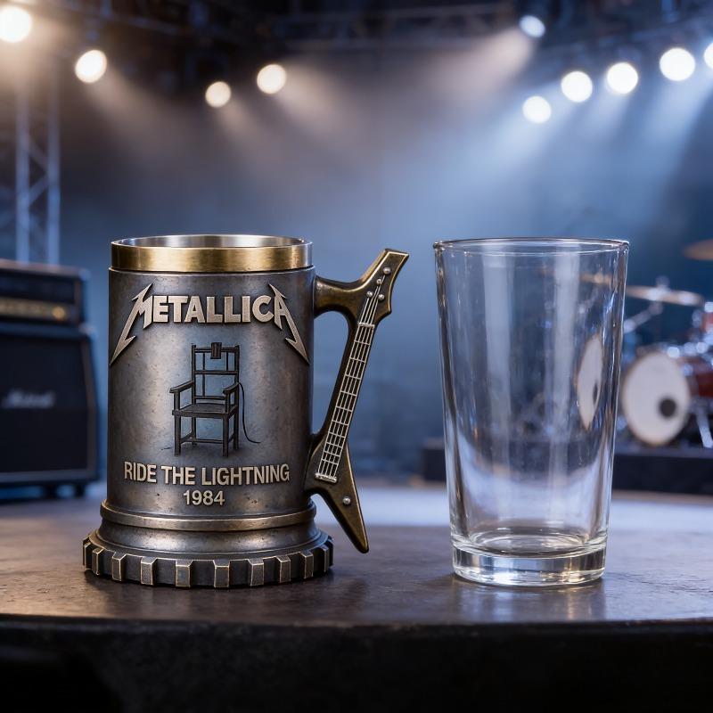 Metallica 3D Relief Kaffeetasse, Zahnradförmiger Sockel & Elektrische Gitarre Griff, Premium Harz & Stahlkrug für Metalheads