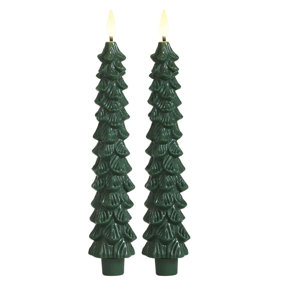 2Pcs Christmas Tree LED Flameless Candles Light with 3D Flame Wick Green LED Candlesticks  Operated forChristmas Home Decoration