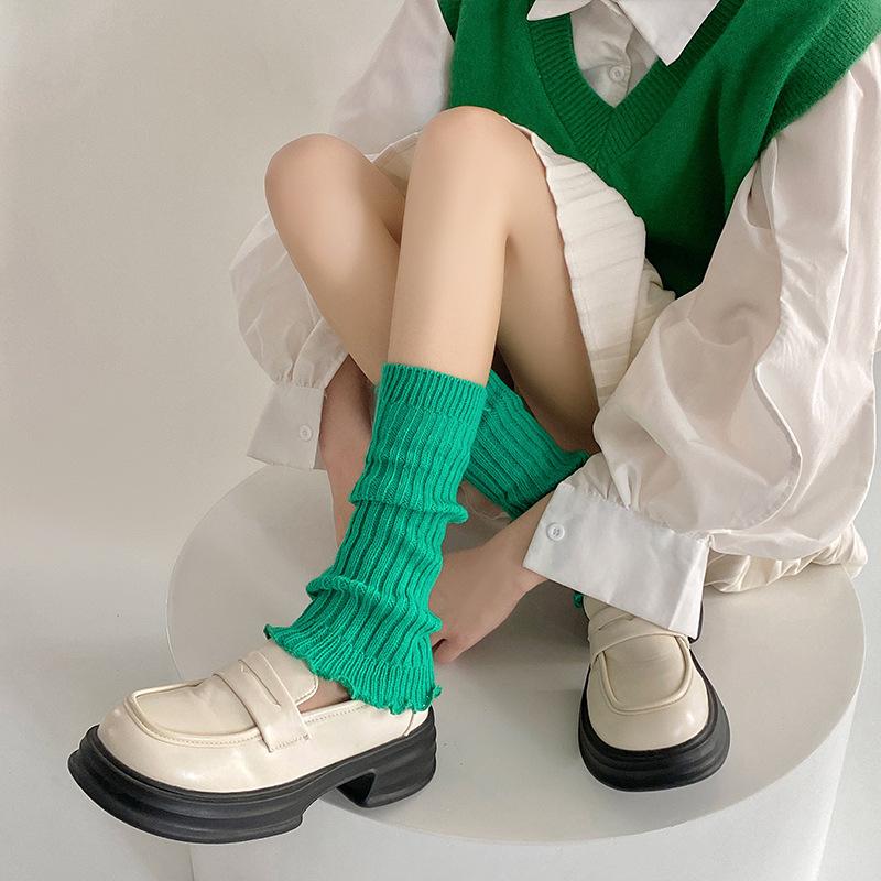Socks College Style Spring And Autumn Medium Tube Stacking Socks Solid Color Lace Lolita Wool Leg Cover