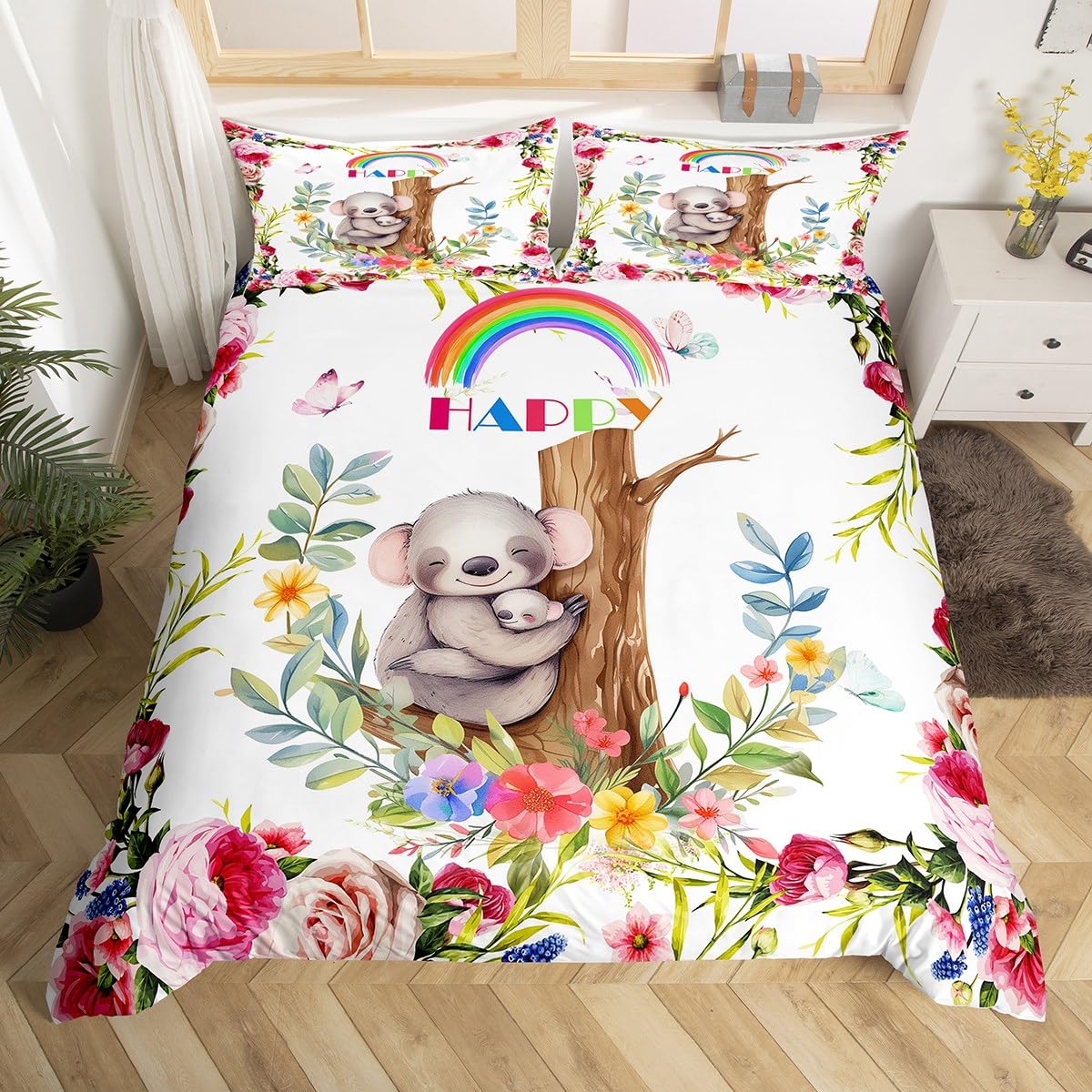 

Kids Koala Duvet Cover Set, Blooming Floral Branch With A Bear Comforter Cover, Palm Tree Leaf Wildlife Cartoon Bedding Set,Twin EU Single(135x200cm)