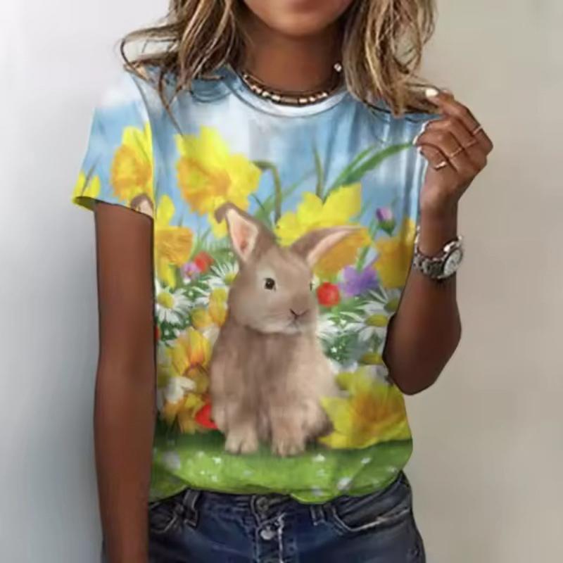 Rabbit Print Women's Top Crew Neck Short Sleeve Comfortable T-Shirts Women’s