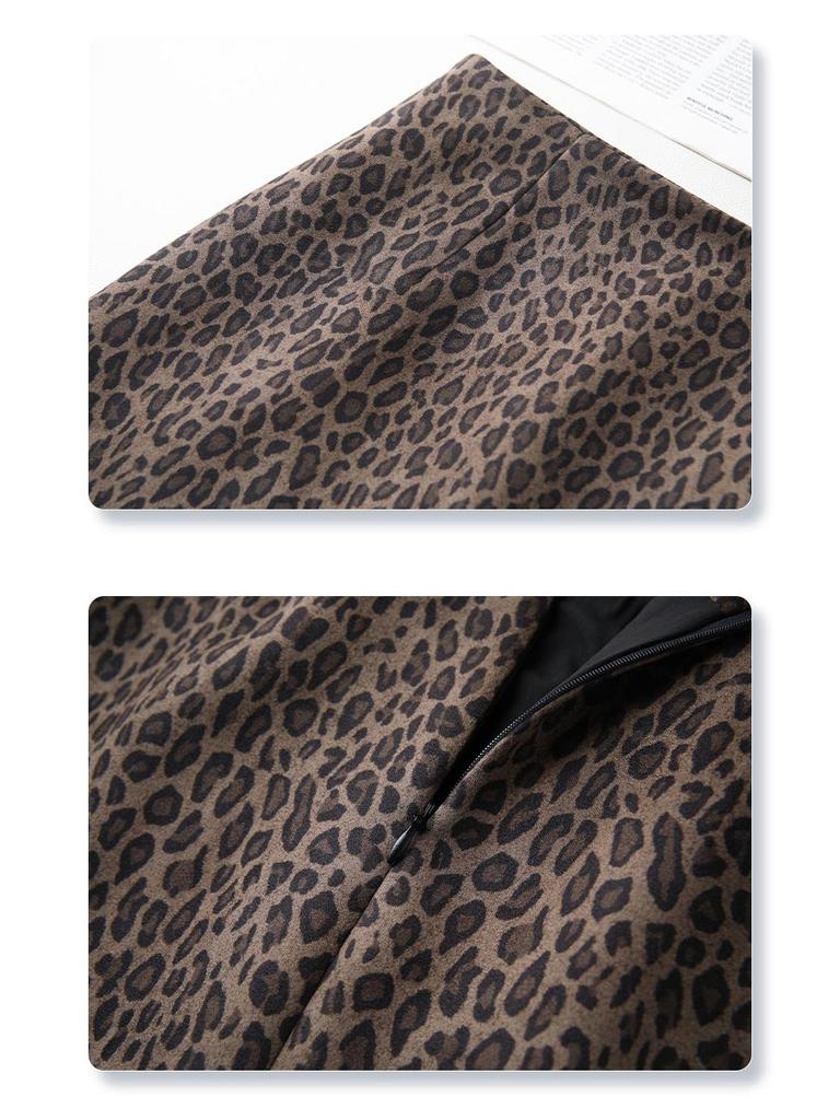 2024 Women's Gray Leopard Woolen Midi Skirt - Autumn/Winter Style, Straight Bodycon with Slit