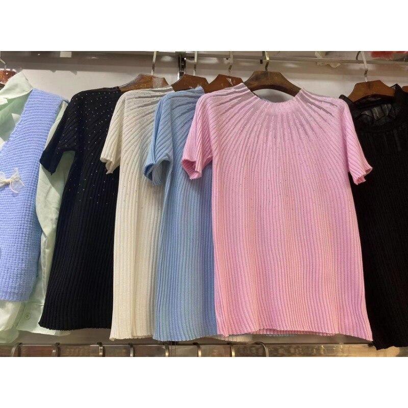 Camicetta estiva lavorata a maglia 2023 Camicie casual per donna Maglietta con scollo a V Maglietta con protezione solare Maglietta a maniche corte con diamante 28281