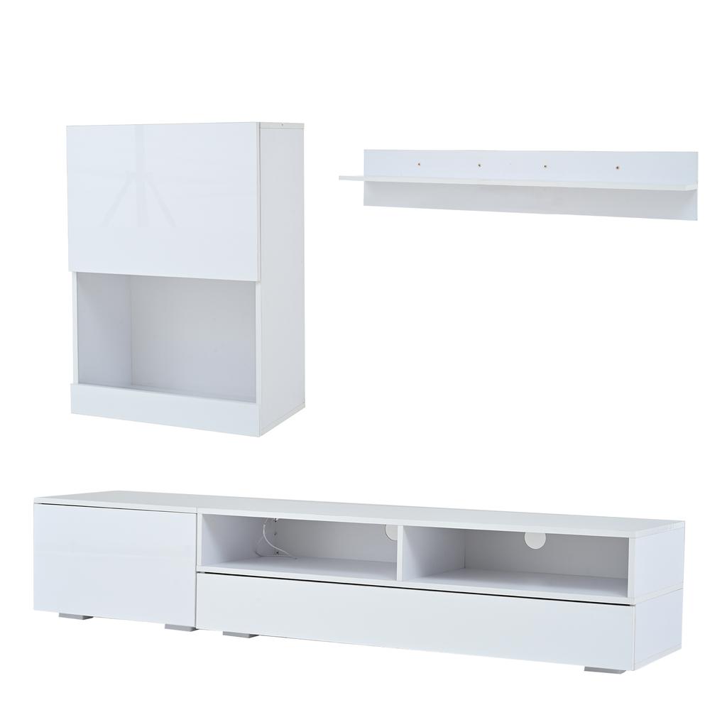 175*39*34cm TV Wall Unit with Display Cabinet (3-Piece Set), TV Board, Standing Shelf and Wall Shelf, LED and High Gloss, TV up to 80', White