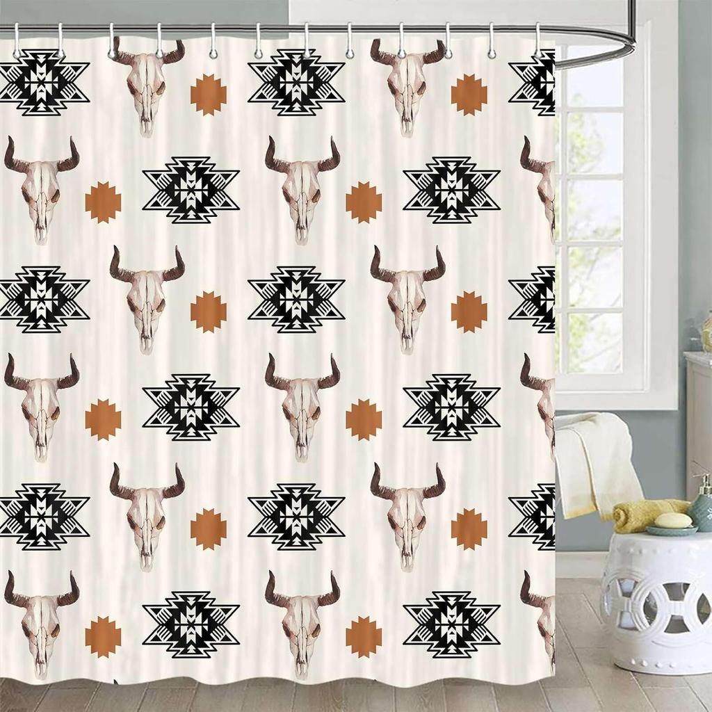 Western Bohemian Shower Curtain Tribal Bull Skull Geometric Beige Bathroom Decorative Shower Curtain With Hook