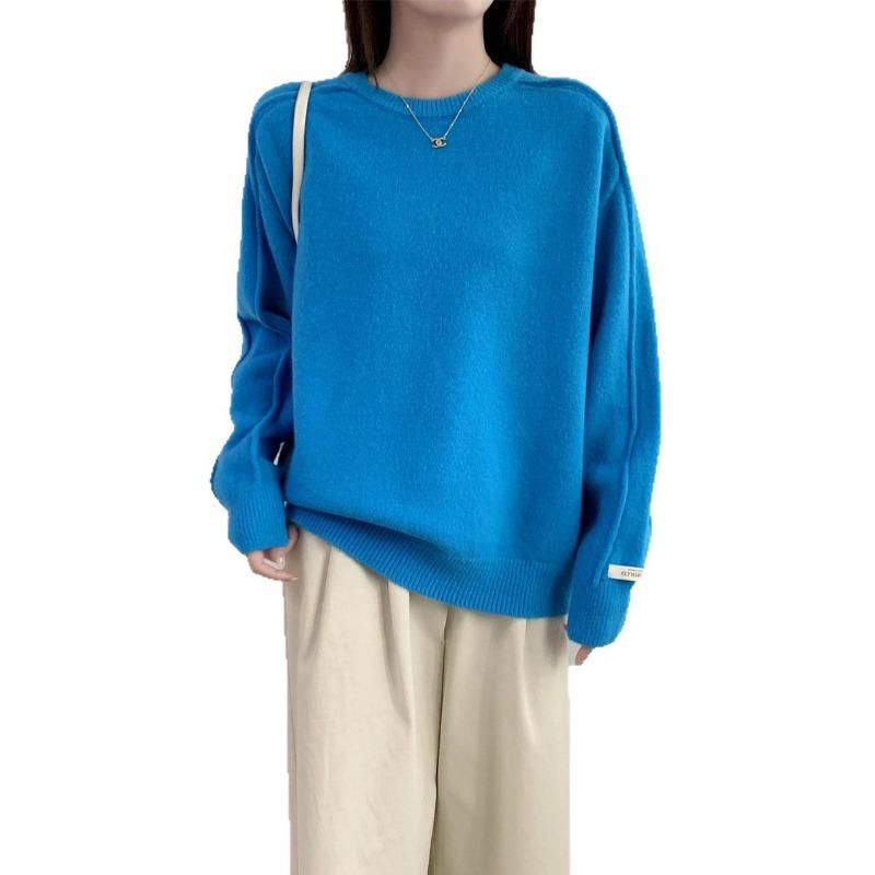 Retro round neck solid color versatile pullover sweater women's autumn and winter new loose and thin knitted sweater top