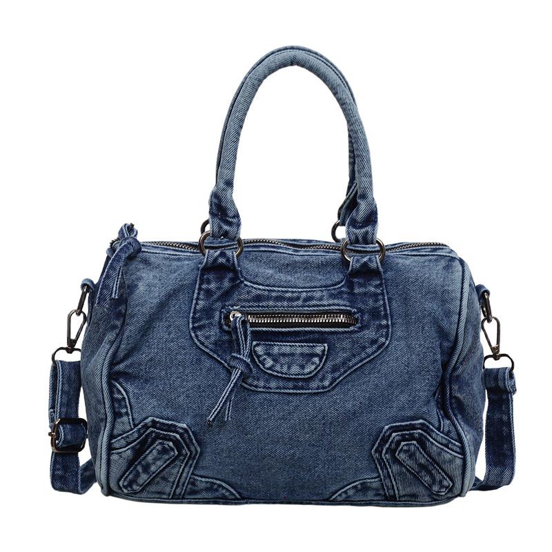 2026 Retro Denim Motorcycle Bag with Patchwork and Rivet Decoration – Crossbody, Shoulder, Handbag