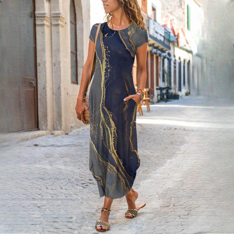 

Женская мода лето весна однотонный принт с коротким рукавом и круглым вырезом с высокой талией повседневные платья XXXL королева синий