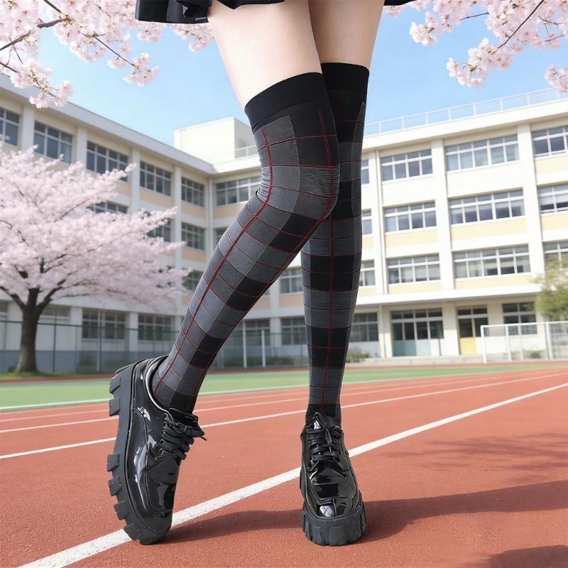 Thigh High Stockings Thigh High Socks with Plaids Print Over the Knee Socks Nylon Stockings Halloween Cosplay Costume