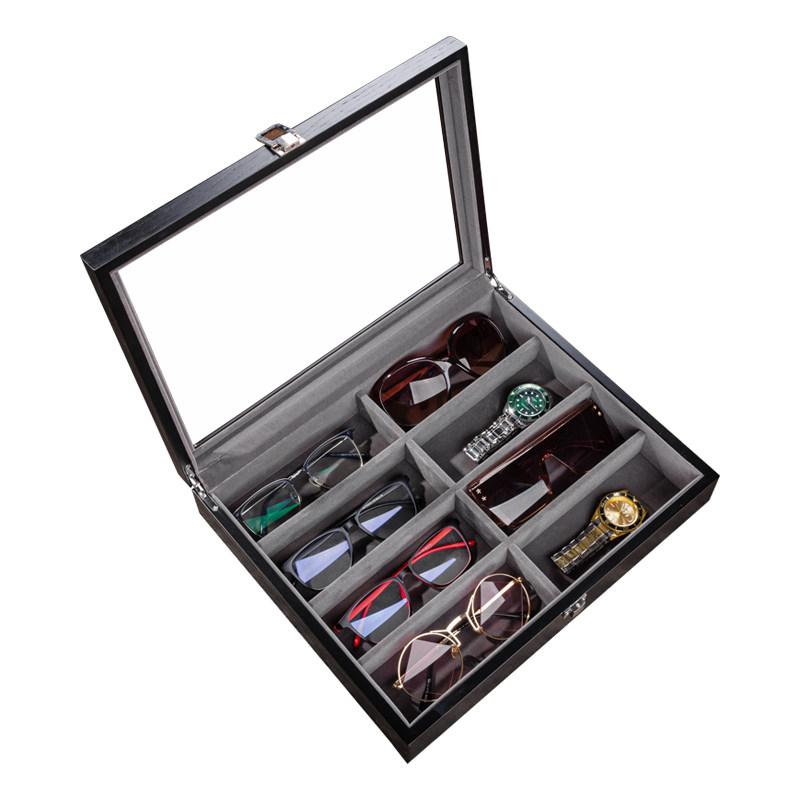 Walnut Wooden Glasses Case, Large Capacity Sunglasses & Watch Storage Box with Display Window for Travel and Home