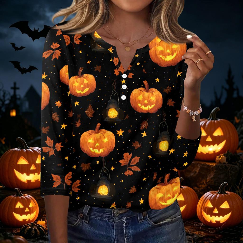 Women's Casual Halloween Print V Neck Button Front Three Quarter Sleeve T Shirt Top Lightweight Comfortable Fall Shirt