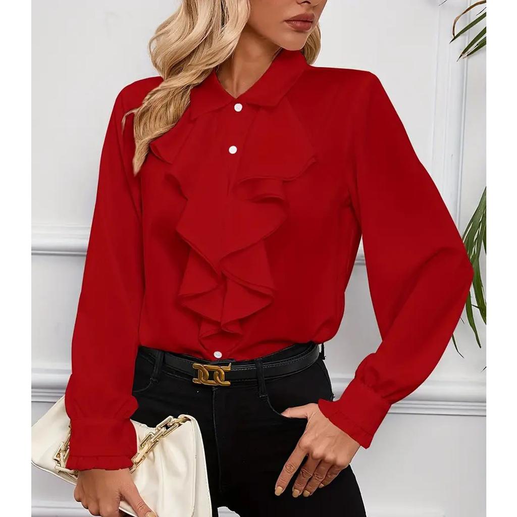 Dámská volná ležérní košile jednobarevná s volánky dlouhý rukáv módní košile