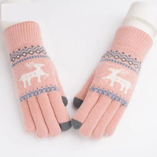Thickened Plus Velvet Touch Screen Gloves Female Winter Korean Version Knitted Printing Gloves Split Finger Wool Gloves