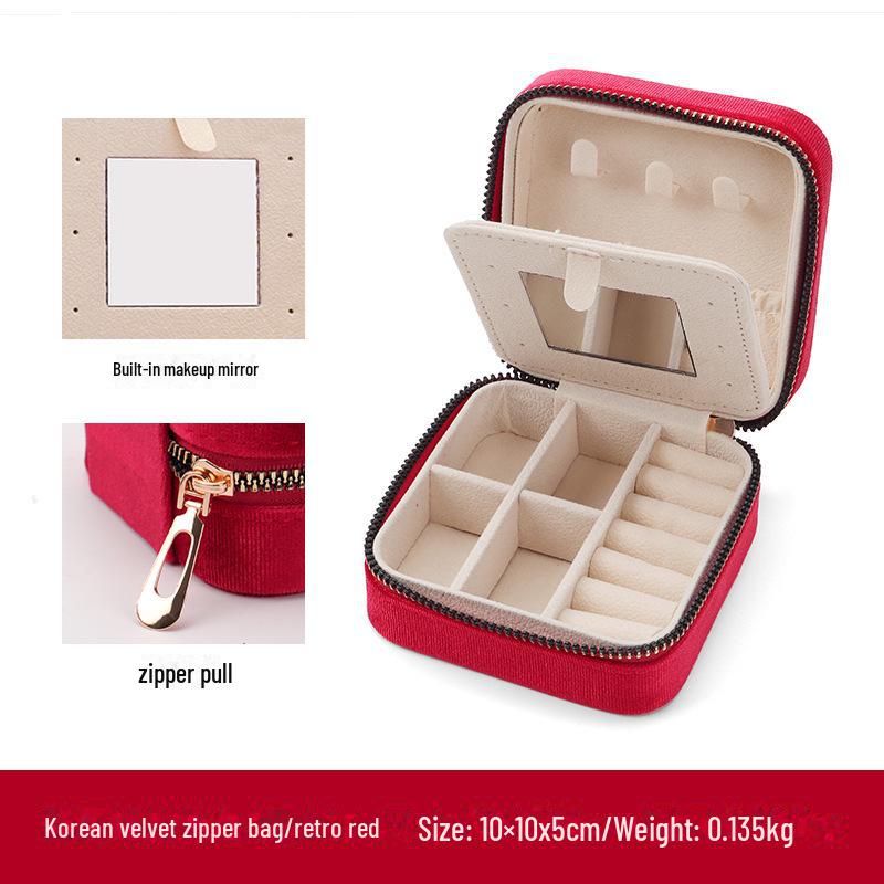 Korean Flannel Jewelry Storage Box with Mirror - Travel-Friendly Organizer for Earrings and Rings