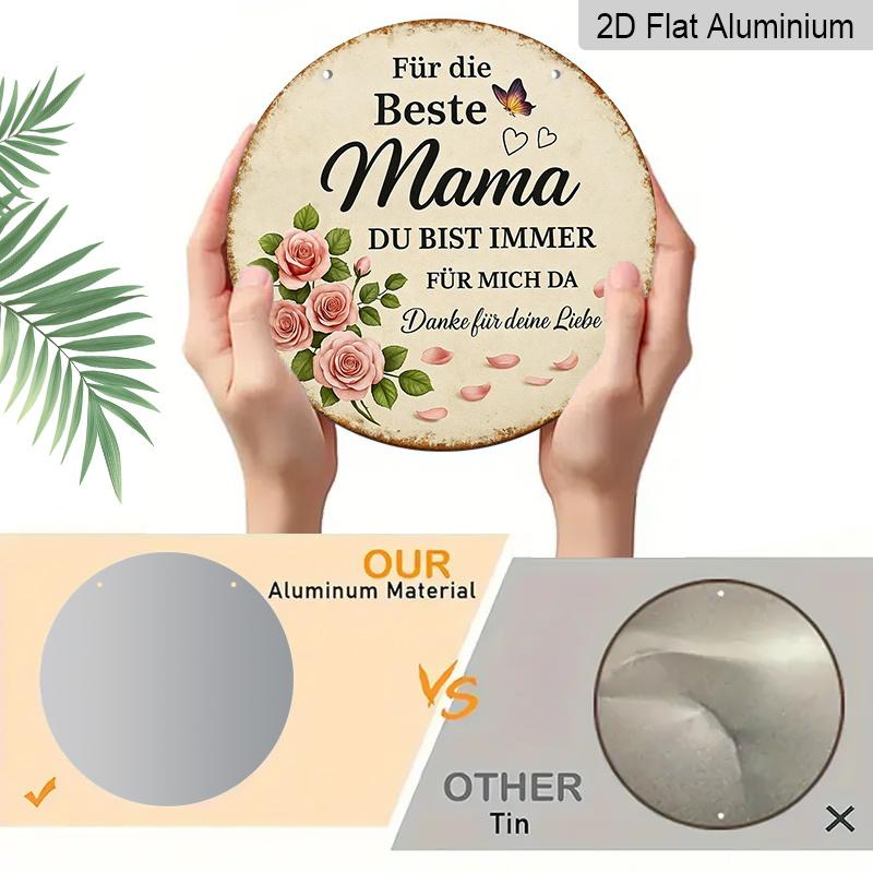 2D Flat, 1pc Vintage Aluminum Sign (7.87''x7.87''), German Best Mom Warm Quote with Rose Petals Plaque, Ideal for Bedroom Living Room Dining Room