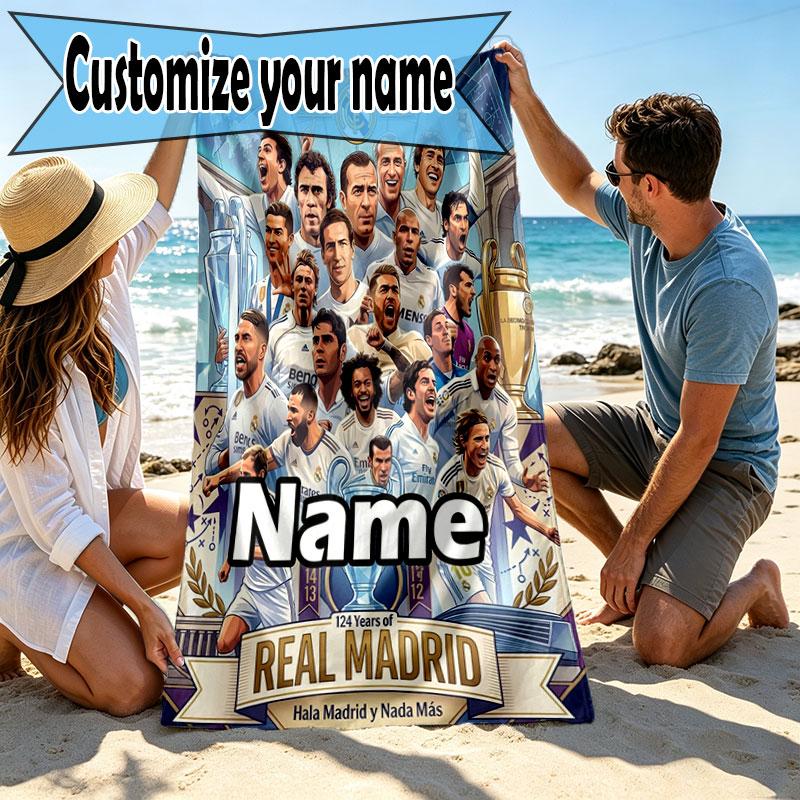 Custom Name Personalized Real Madrid CF Print Beach Towel, for Trip Camping Beach Party Home Decor, Birthday Gift for Family & Friends