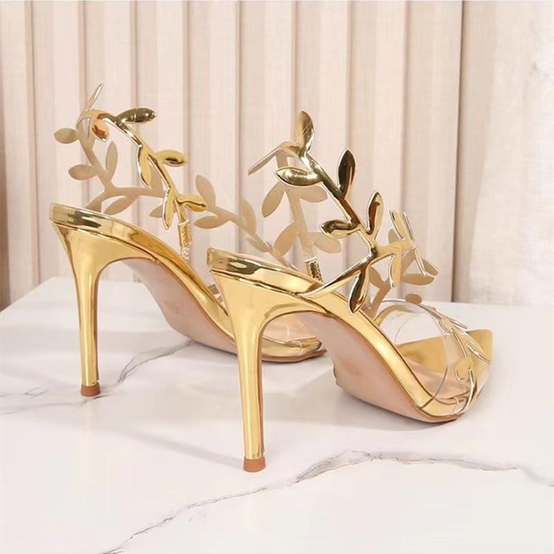 Fashion Star style Summer Fashion Sequined Patent Leather Leaf Women Sandals Elegant pointed toe Stiletto High heels Prom Dresses Shoes