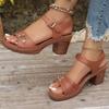 Fashion Round Head Metal Buckle Open Toe Heels Summer New Fashion Medium Heel Soft Sole Stitching Heels