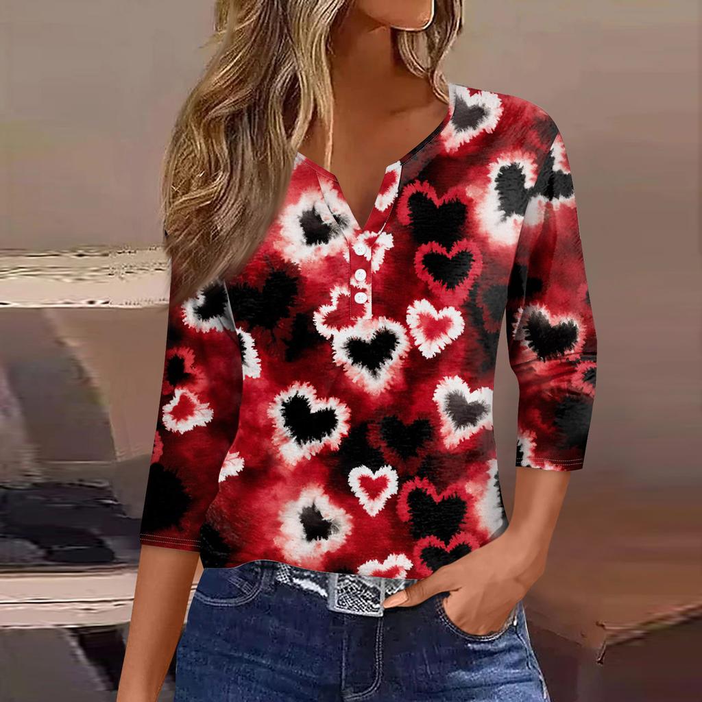Damen Kragen Valentinstag Print Kurzarm T-Shirt Top