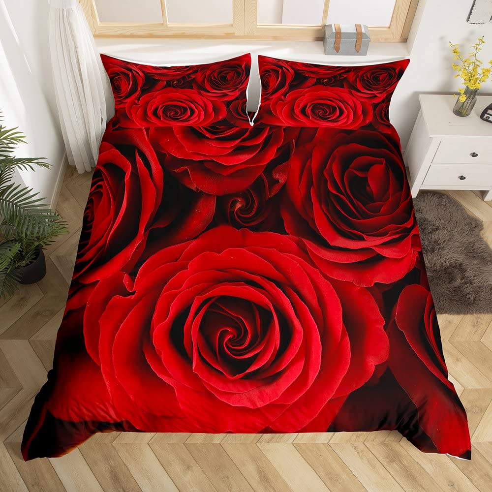 Valentine's Day Duvet Cover Queen Full Red Rose Romantic Flower Duvet Cover Heart Shaped Print Floral Black Soft Comforter Cover
