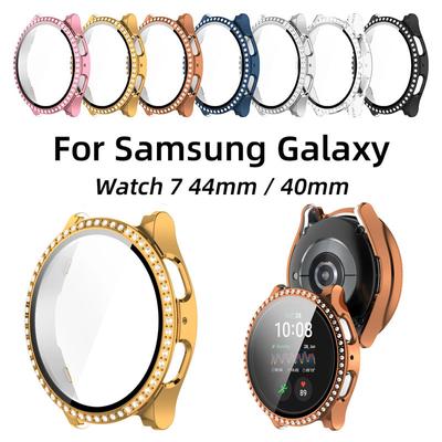 PC Case + Glass for Samsung Galaxy Watch 7 44mm 40mm Accessories with Diamond Bling Protective Case for Watch 7 Shell Cover
