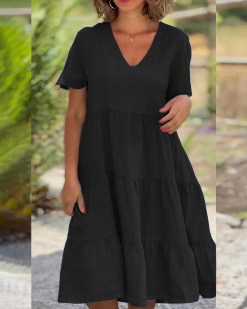 Women's Summer V-Neck Casual Short Swing Dress In Solid Colors