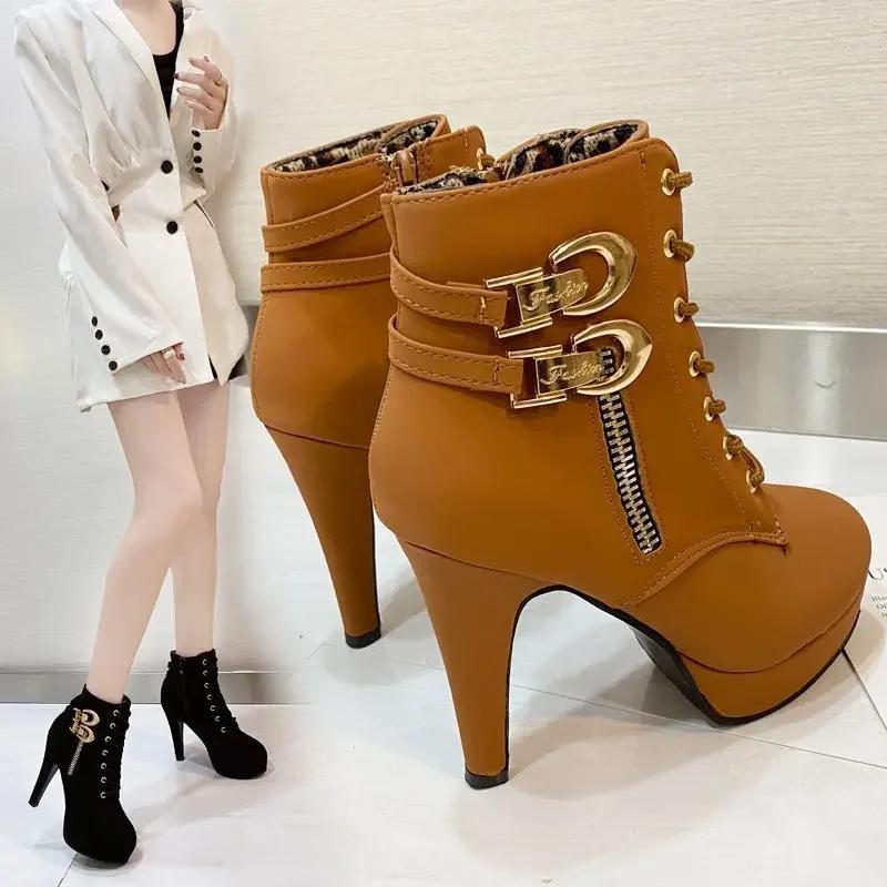 2025 New Women's High Heels, Stiletto Heels, Ankle Boots, Fashion Lace Up Side Zipper Boots, Women's Solid Color Short Boots
