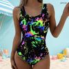 Women Plus Size One Piece Swimsuit Scoop Neck Wide Straps High Cut Black Colorful Printed