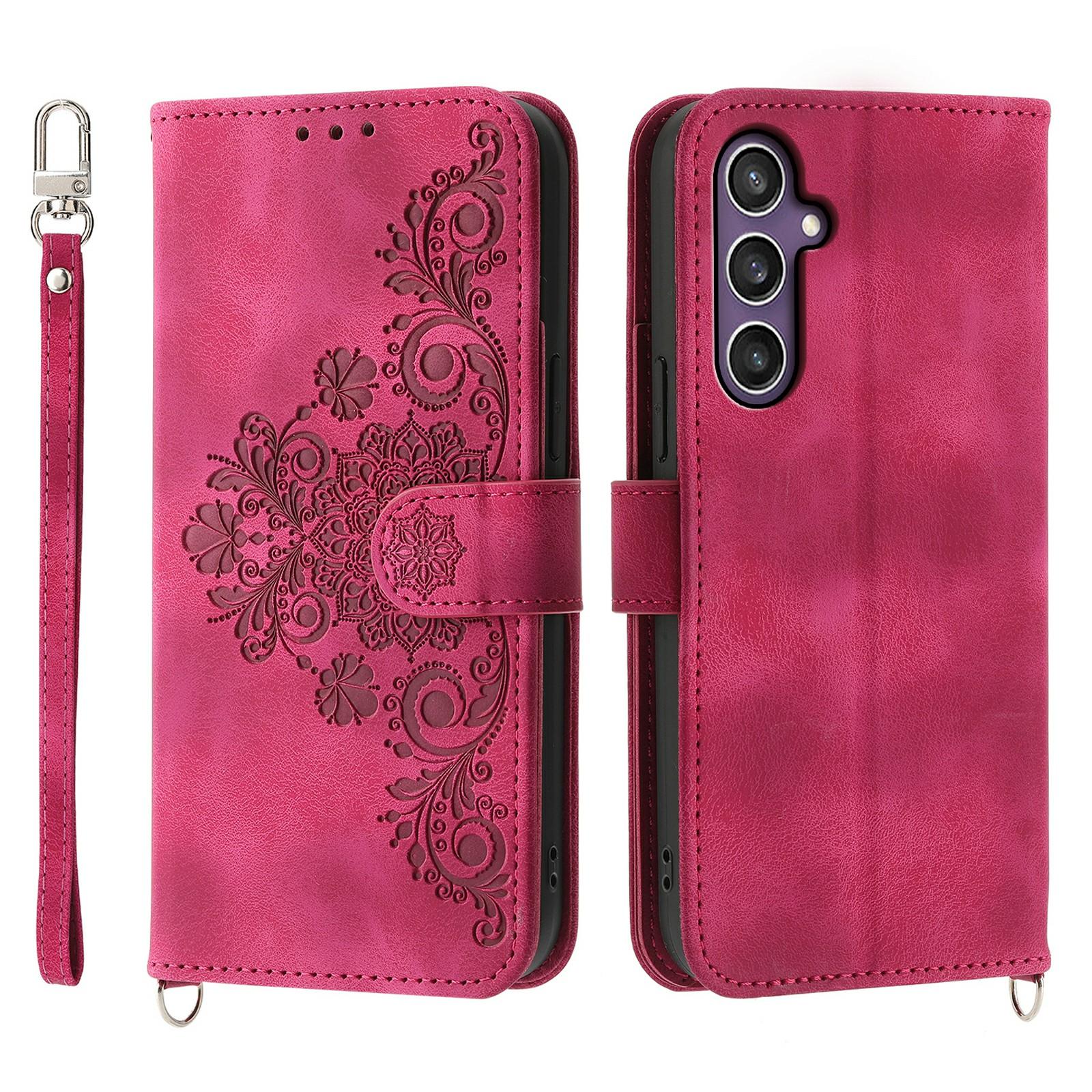 

For Samsung Galaxy S24 Case Multiple Card Slots Leather Stand Cover with Straps Wine Red
