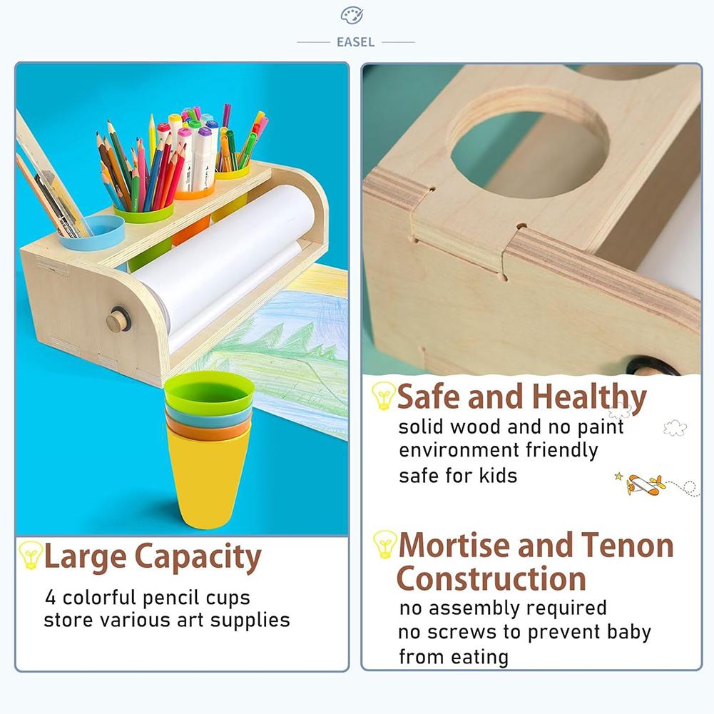 Wooden Tabletop Paper Roll Dispenser with Paper Roll&Pencil Cups Craft Paper Roll Holder Paper Roll Easel for Kids Desktop Easel
