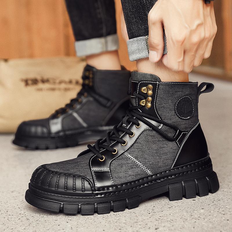 Fashion Fashion Motocross Ankle Boots for Men Winter Boots Lace-Up Botas Men's Leather High Top Outdoor Shoes Men's Plush Snow Boots