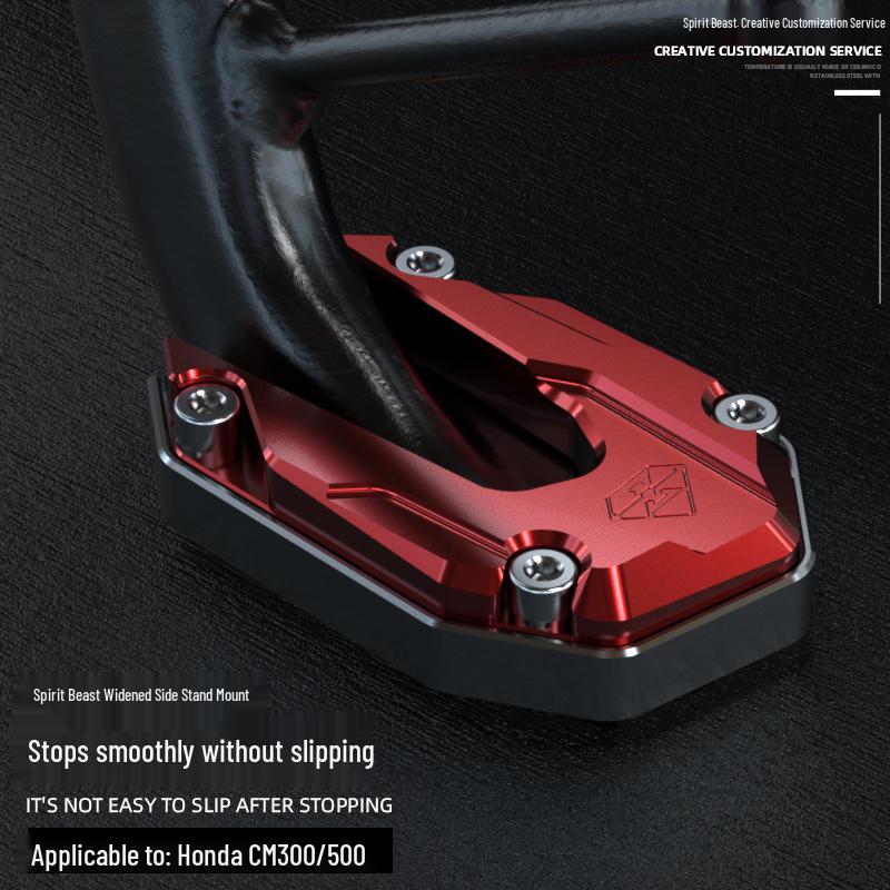 Honda CM300 Side Stand Pads & Brackets, Enlarged Anti-Slip Bases, Spirit Beast Mods CM300 Side Stand Pad D9 Red Titanium